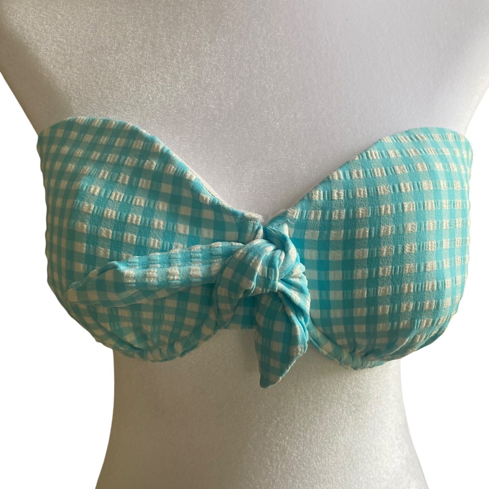 Jessica Simpson Gingham Underwire Bandeau Bikini Top Frost Blue White Medium NEW